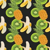 banana pineapple and kiwi seamless pattern design on black background vector