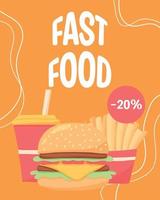 Flyer with fastfcd. French fries and burger poster. Discounts on street food. Vector illustration.