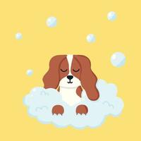 Dog in a bubble bath. Pet care. Bathing the dog in the bathroom. Vector illustration in cartoon style.