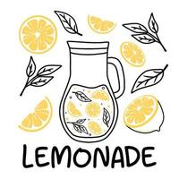 Jug with lemonade. Lemonade with lemon slices and mint. Homemade drink. Vector illustration in doodle style.