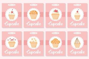 Bakery flyer set. Collection of posters with cupcakes and muffins. Vector illustration. Banners with cupcakes with cream, cherries, strawberries and chocolate.