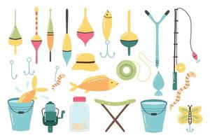 Fishing set. A set of tools for fishing. Flat style. Vector illustration. Fishing rod, hook, floats.