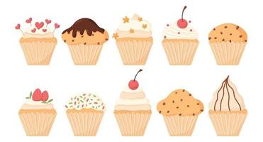 conjunto de cupcakes. una hermosa colección de muffins con cereza, fresas, crema. chocolate. ilustración vectorial vector