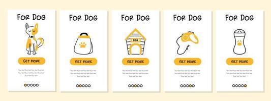 capturas de pantalla de la tienda de mascotas y la aplicación móvil. plantilla vectorial de banner de menú para el desarrollo de sitios web y aplicaciones. plantillas de tienda de mascotas para la tienda. plantillas para perros. vector