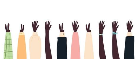 Set of raised hands. A group of diverse human weapons. The concept of the international volunteer community. Teamwork, collaboration, voting, volunteer concert. Vector illustration