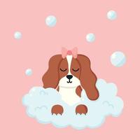 Dog in a bubble bath. Pet care. Bathing the dog in the bathroom. Vector illustration in cartoon style.