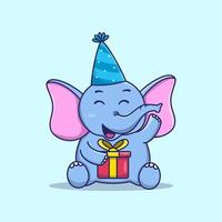 lindo bebé elefante cumpleaños con caja de regalo de dibujos animados vector