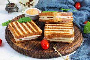 Club sandwich with ham, tomato, cheese and spinach. Grilled panini photo