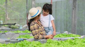 Young mother in straw hat teaching her daughters in backyard garden. Little girl helps her mother in the garden, a little gardener. Cute girl planting vegetables in the garden. video