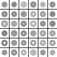 paquete de vectores mandala de 36, para colorear libro. patrones de terapia antiestrés. conjunto de mandalas redondas de adorno. elemento de círculo geométrico hecho en vector.