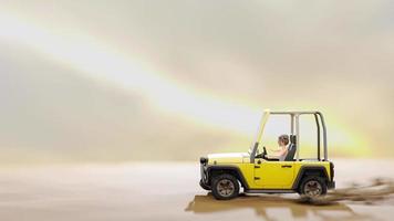 klein meisje rijdt gele auto in woestijn als lege ruimte. schittering van de zon achtergrond. cartoon animatie naadloze loops, 3d render. video