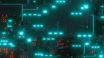 Electric print circuit board and orange and Green-Blue light effect. Technological elements innovation background, 3D Render. video