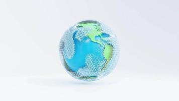 Green and blue globe is surrounded by network of pastel blue square. on white background. Minimal idea concept, Animation Loop, 3D Render. video