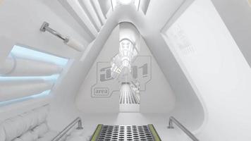 corridoio nella stazione spaziale o in laboratorio decorato con colore grigio. sfondo futuristico di animazione fantascientifica e tecnologica, rendering 3d. video