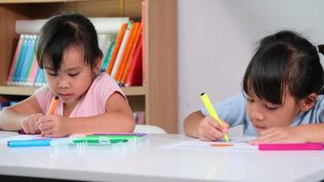 klein meisje kleuren met haar vrienden zitten in de klas. twee zusjes die lessen volgen voor thuisonderwijs. basisschoolkinderen vinden het leuk om samen te leren. terug naar school video