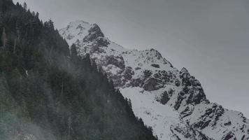 8k de haut sommet de montagne enneigé derrière la forêt video