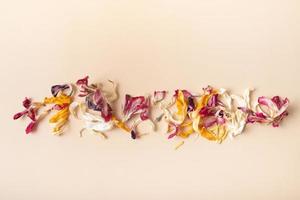 Dry colored flower petals on a beige background top view photo