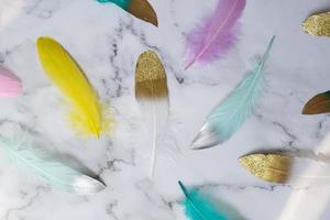 Colored feathers with gold decor on a marble background photo