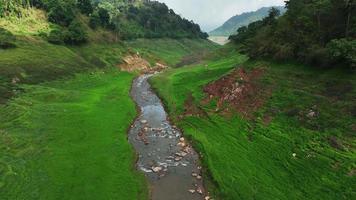 Aerial view of beautiful Water Stream and natural green field of forest in the wild forest mountain ,Clean Air natural fresh Air concept on blue sky fluffy cloud video