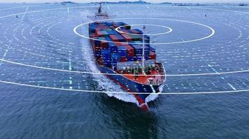 Futuristic Technology Sonar wave Cargo container ship with Sensors Scanning line effects concept Autonomous ship Auto Pilot technology logistic export import transportation global business technology video