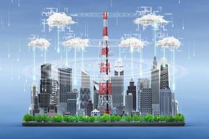 Smart city on digital tablet with 5G telecommunication tower antenna, Technology storage cloud big data concept, 3d render photo