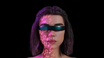 Female avatar wearing VR glasses in metaverse virtual world, 3d render photo
