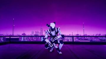 Cyberpunk robot squatting on rooftop of metaverse building, 3d render photo