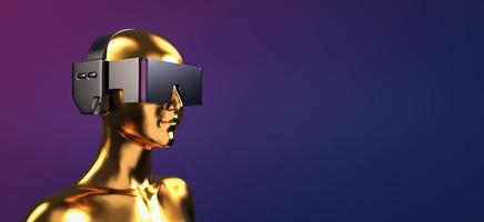 Golden statue female with virtual reality glasses. metaverse concept, 3d render photo