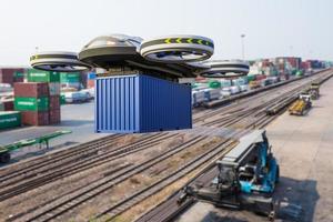 Autonomous cargo drone with container, Futuristic delivery air transport with 5G technology concept photo