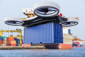 Autonomous cargo drone delivering container, Future transportation and logistic concept photo