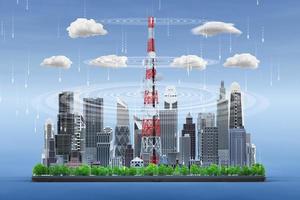 Smart city on digital tablet with 5G telecommunication tower antenna, Technology storage cloud big data concept, 3d render photo