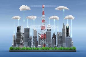 Smart city on digital tablet with 5G telecommunication tower antenna, Technology storage cloud big data concept, 3d render photo