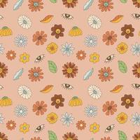 Seamless Pattern With Flowers, Hippie Concept. Hand Drawn Flat Vector Illustration.