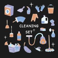 Hand Drawn Set With Elements Of Cleaning Products. Vacuum Cleaner, Mops, Gloves, Rags And More In The Doodle Style. vector