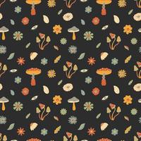 Seamless Pattern With Mushrooms And Flowers, Hippie Concept. Hand Drawn Flat Vector Illustration.