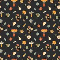 Seamless Pattern With Mushrooms And Flowers, Hippie Concept. Hand Drawn Flat Vector Illustration.