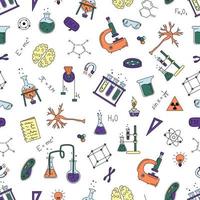 Seamless Pattern With Hand Drawn Scientific Elements. Flasks, Formulas, Microscope And More.