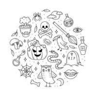 Set of elements for Halloween. Mystical scary objects. Cats, pumpkins, ghosts, potion. Doodle style illustration vector