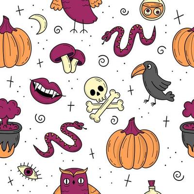Seamless pattern with elements for Halloween. Mystical scary objects. Cats, pumpkins, ghosts, potion. Doodle style illustration