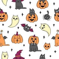 Seamless pattern with elements for Halloween. Mystical scary objects. Cats, pumpkins, ghosts, potion. Doodle style illustration