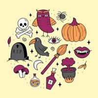 Set of elements for Halloween. Mystical scary objects. Cats, pumpkins, ghosts, potion. Doodle style illustration vector