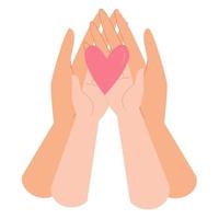 The hands of mom and daughter are holding a heart in their palms. The concept of a happy childhood, parenting, family, love, care and support. Vector illustration in flat style