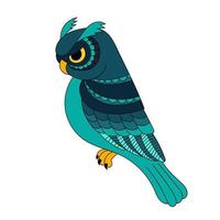 Abstract blue owl for decoration design, wild bird. Isolated icon. Color cartoon vector illustration