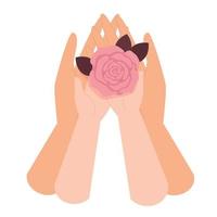 The hands of mom and daughter are holding a flower in their palms. The concept of a happy childhood, parenting, family, love, care and support. Vector illustration in flat style