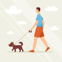 Smiling young man with a dog for a walk, pet. Love and friendship with animals. Vet clinic. Vector illustration in cartoon style