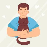 Smiling young man with a cat, pet. Love and friendship with animals. Vet clinic. Vector illustration in cartoon style