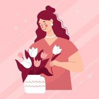 hermoso jarrón de mujer joven de flovers para el diseño de celebración. tarjeta de felicitación, postal de cumpleaños, día internacional de la mujer. ilustración vectorial de dibujos animados vector