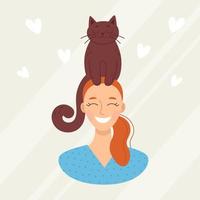 Smiling young woman with a cat on her head, pet. Love and friendship with animals. Vet clinic. Vector illustration in cartoon style