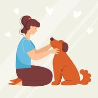 mujer joven sonriente con perro, mascota. amor y amistad con los animales. clínica veterinaria. ilustración vectorial en estilo de dibujos animados vector