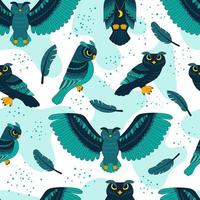 Seamless pattern with blue with blue owls, wild birds. Print for textiles and packaging. Vector cartoon illustration.